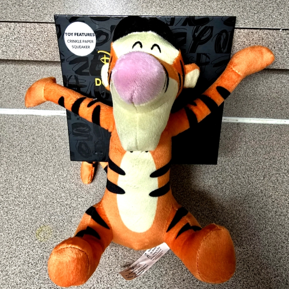 Dog Toy Squeaker Plush - Winnie the Pooh Tiggers Arms Up Sitting Pose